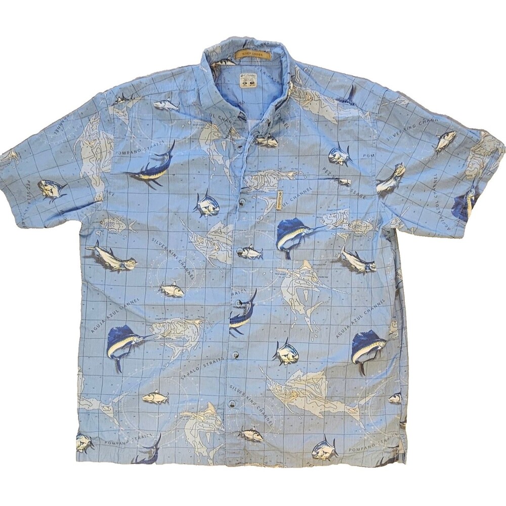 Columbia River Lodge Fish Ocean Map Mens Size XL Button Up Short Sleeve Shirt - Picture 8 of 8